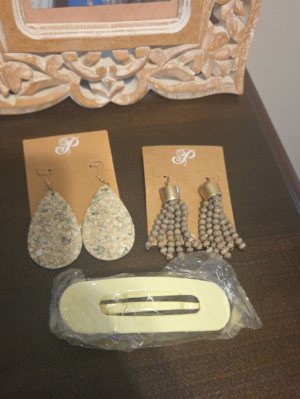 Women's Neutral Bead Tassel Earrings & Cork Teardrop Set With Clip
